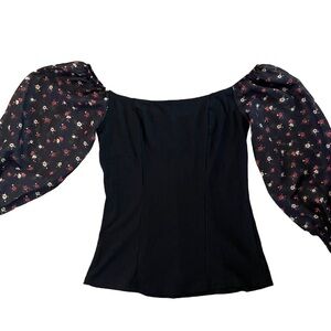 NWT BLACK RIBBED FULL LENGTH TOP WITH FLORAL PRINT MESH LONG SLEEVES SIZE SMALL